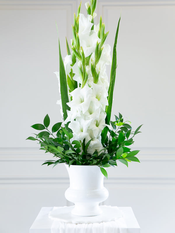 White Designer Urn with white flowers